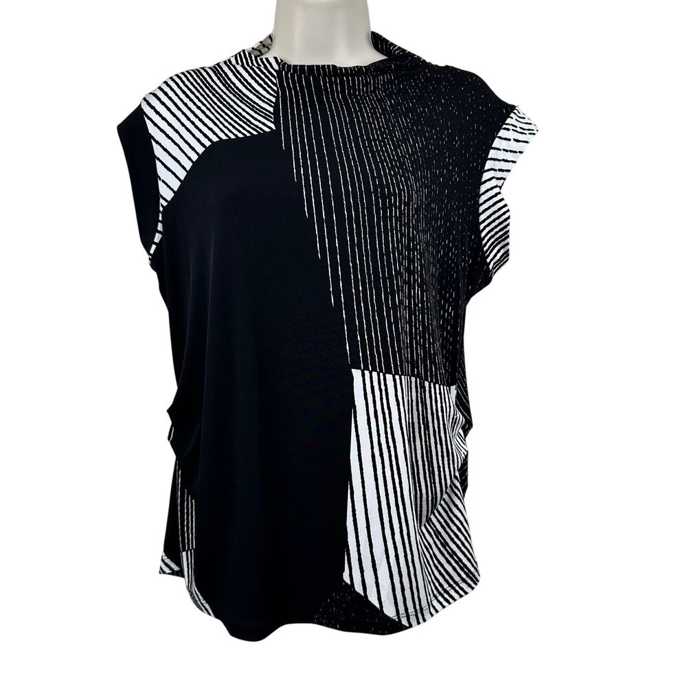 Clara Sun Woo Blouse Top Knit Cap Sleeve Abstract Print Black Lg Artsy Travel